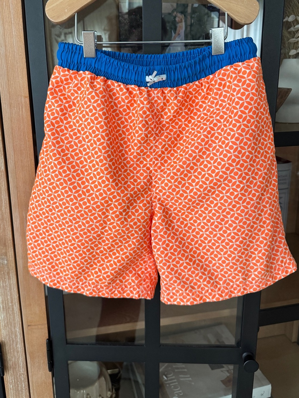Mini Boden boys swimming trunks geometric print lined shorts